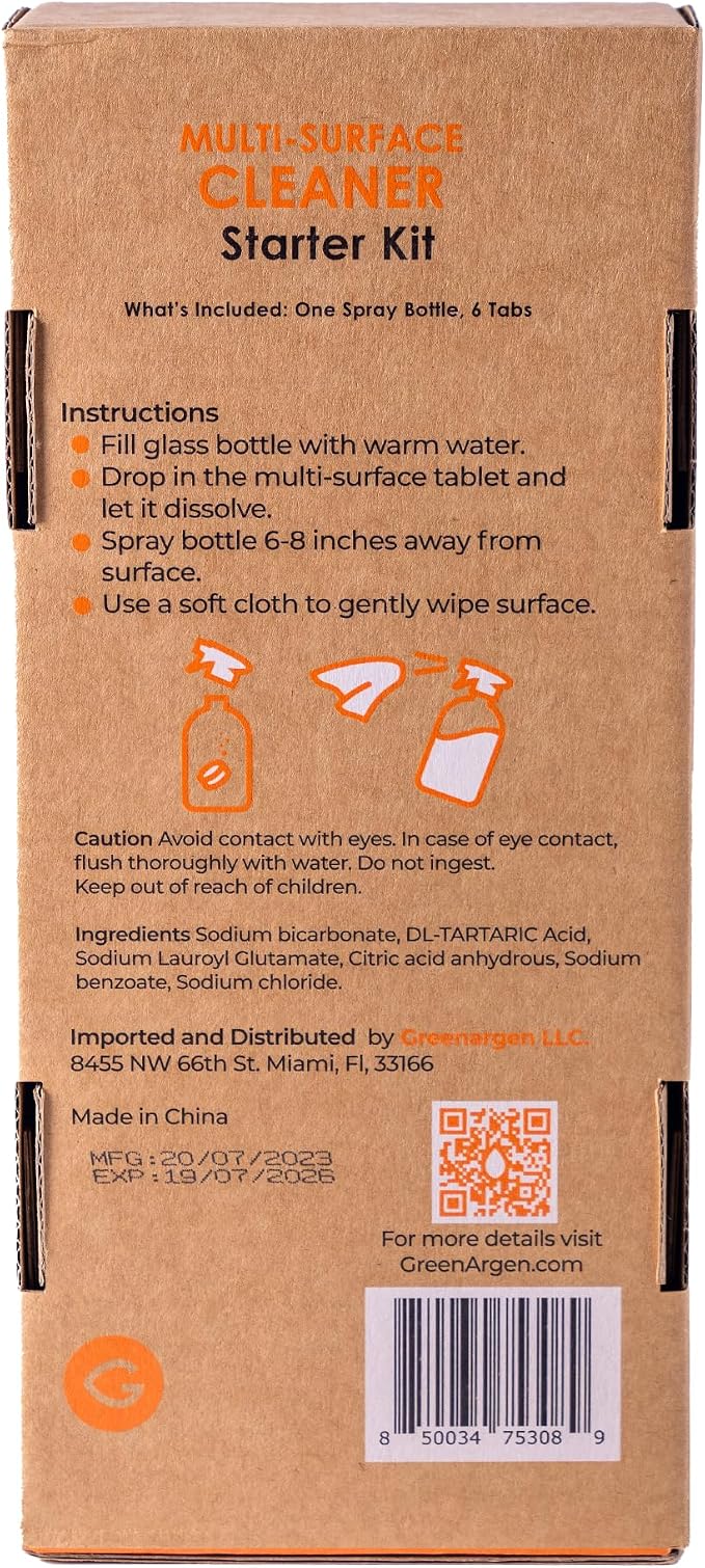 Eco Multi-Surface Cleaner Starter Kit – Refillable Glass Spray Bottle + 6 Eco Tablets – Plastic-Free, Plant-Based, Non-Toxic – Orange Scent – Zero Waste