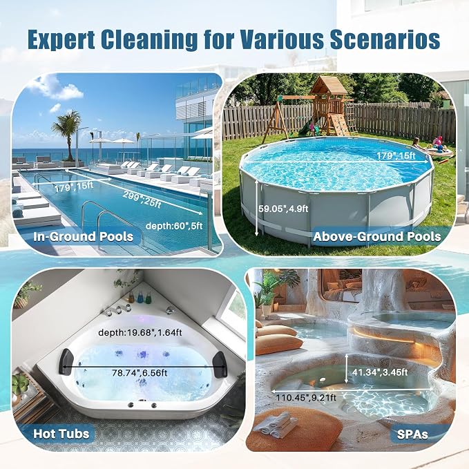 Cordless Pool Vacuum, Handheld Rechargeable Pool Cleaner, Powerful Suction, Extendable Pole, 90 Min Runtime for Above-Ground & Inground Pool, Spa, Hot tub