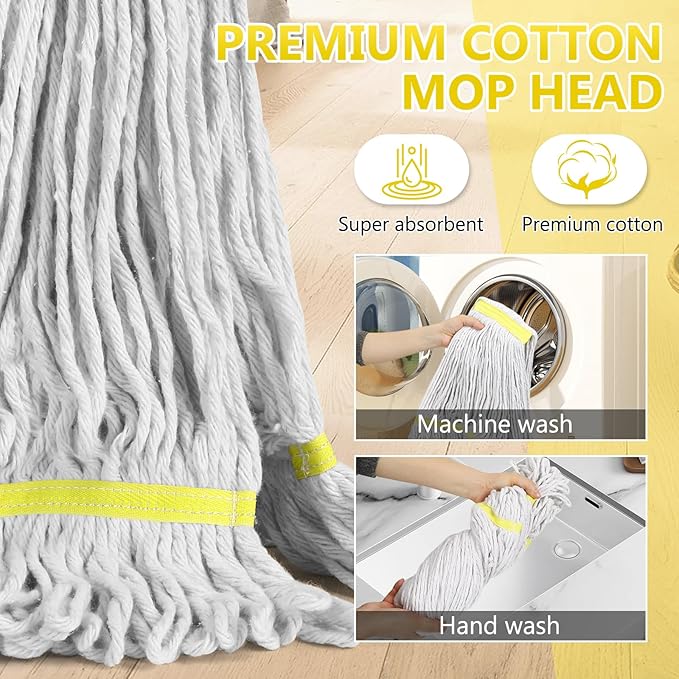 Heavy Duty Commercial Industrial Cotton Mop with Long Handle,Looped-End String Wet Mops with Replacement Mop Head for Home,Garage,Office, Workshop, Warehouse Floor Cleaning