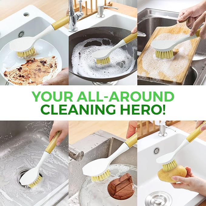AIRNEX Bamboo Dish Brushes & Coconut Husk Scouring Pads – Eco-Friendly, Odor Free & Non-Scratch Cleaning for Dishes, Pots, Pans, and Sink – 2 Sisal Brushes & 12 Heavy-Duty Scrub Pads