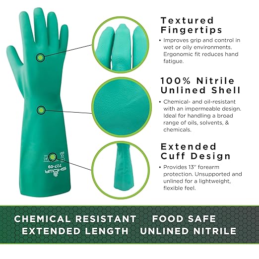 SHOWA 727 Chemical Resistant Gloves, 15-mil Unsupported Nitrile, 13-inch Extended Gauntlet, Bisque Grip, CE Cat III & Food Safe, Latex-Free, Green, Small, Vending Pack, 12-Pack