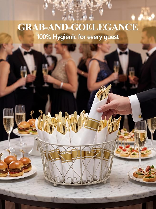 Supernal 60 Pack Pre Rolled Napkins with Gold Plastic Silverware - 60 Sets Elegant Disposable Wrapped Cutlery: Heavy Duty Gold Forks, Knives, Spoons for Weddings, Parties, & Catering Events