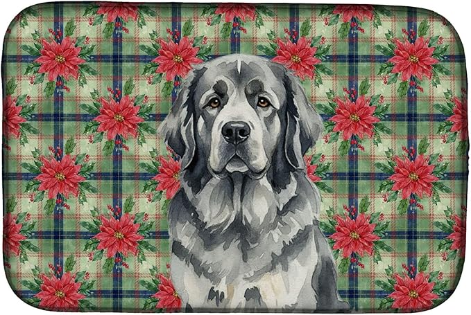 Caroline's Treasures Gray Newfoundland Christmas PoinsettIas Dish Drying Mat Absorbent Dish Drying Mat Pad for Kitchen Counter Dish Drainer Mat for Countertop, 14 x 21", Multicolor