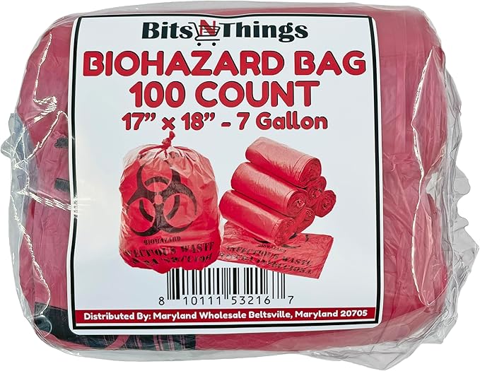 Bits N Things Infectious Biohazard Red Waste Bags Hazardous Trash Can Liners | Medical Grade No Leak Bags | Great for Lab Containers, Swabs, Pads, Gloves | 100 Count - 17"x18" (7 Gallon)