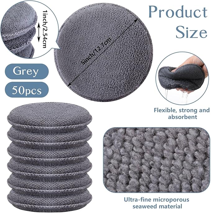 Tanlade 50 Pcs Car Detailing Microfiber Applicator Pad Wax Applicator Wash Microfiber Pads, 5 Inch Diameter (Grey)