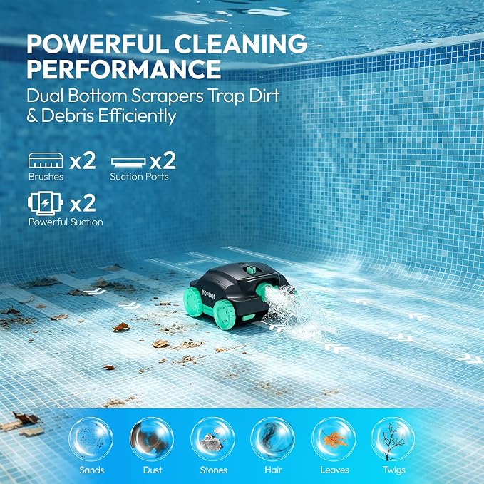 Pool Vacuum,YOPOOL Cordless Robotic Pool Cleaner, Dual-Layer Filtration,Powerful Obstacle Crossing, Enhanced Edge & Corner Cleaning,100-Min for Above-Ground & Flat-Bottom Pools to 860 Sq.Ft (Green)