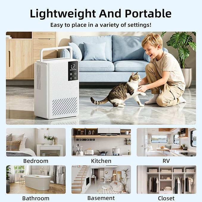 Electactic Dehumidifier, Quiet Efficient Humidity for Home Bedroom Bathroom 800 Sq. Ft, 67OZ Dehumidifier with Touch Control, Multiple Modes, Timer, Auto Shut-Off & RGB 7 Colors Night Light, White