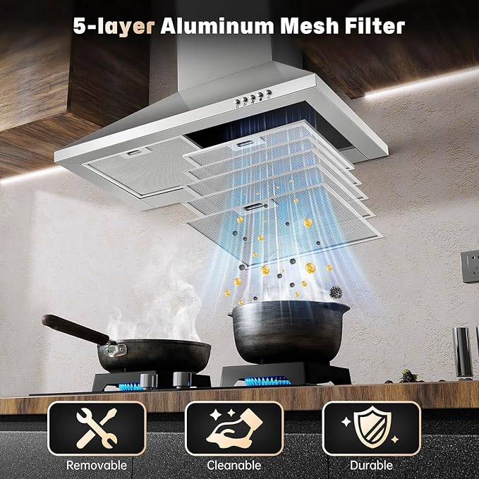 SNDOAS 24 inch Range Hood,Stainless Steel Oven Vent Hood,Wall Mount Kitchen Hood,Ducted/Ductless Chimney-Style Kitchen Exhaust Hood with Push Button Control,Stove Vent Hood with 3-speed Fan