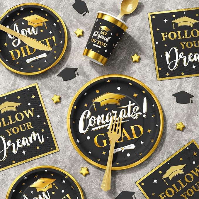 Graduation Decoration Class of 2026, 175PCS Graduation Party Supplies Disposable Dinnerware(Serve 25) with Paper Plates Cup Napkin Fork Knife Spoon College High School Grad Decor(Black & Gold)