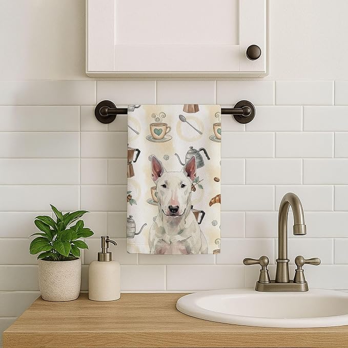 Caroline's Treasures White Bull Terrier Coffee Bar Kitchen Towel Velour Plush Front and Cotton Loop Back Machine Washable