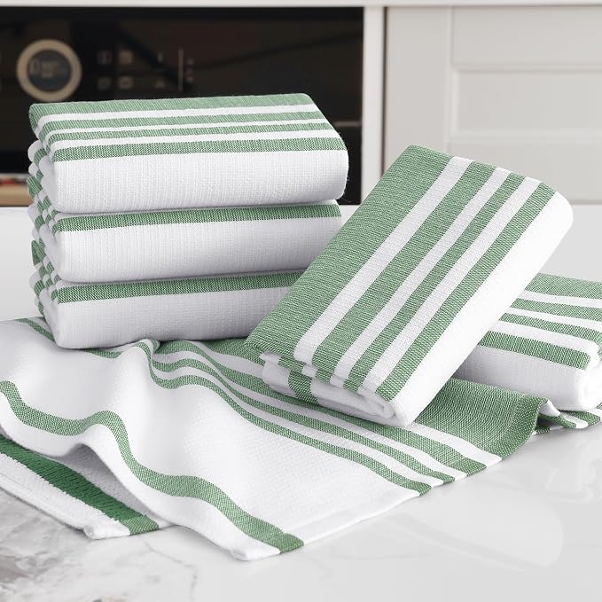 Homaxy Premium Kitchen Towels 18”x 28”, Large Cotton 380 GSM Kitchen Hand Towels, Stripe and Terry Dish Towel, Highly Absorbent Tea Towel Set with Hanging Loop, 3 Pack, Grass Green