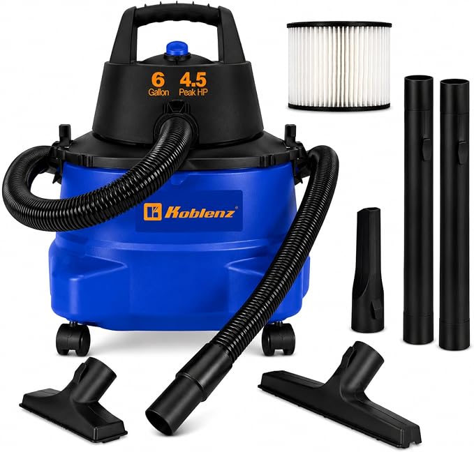 Koblenz WD-6 L212 Wet Dry Vacuum Cleaner, 6 Gallon, 4.5 PHP, 3-in-1 Suction & Blower, 16 ft Reach, Big Cleaner for Car, Shop Vacuum Wet and Dry, Swivel Casters, Black/Blue