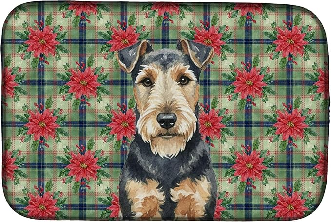 Caroline's Treasures Welsh Terrier Christmas PoinsettIas Dish Drying Mat Absorbent Dish Drying Mat Pad for Kitchen Counter Dish Drainer Mat for Countertop, 14 x 21", Multicolor