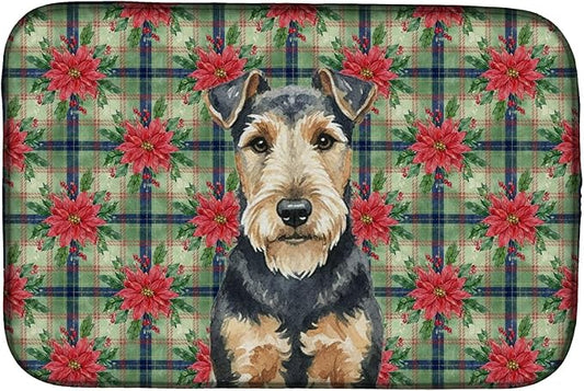 Caroline's Treasures Welsh Terrier Christmas PoinsettIas Dish Drying Mat Absorbent Dish Drying Mat Pad for Kitchen Counter Dish Drainer Mat for Countertop, 14 x 21", Multicolor
