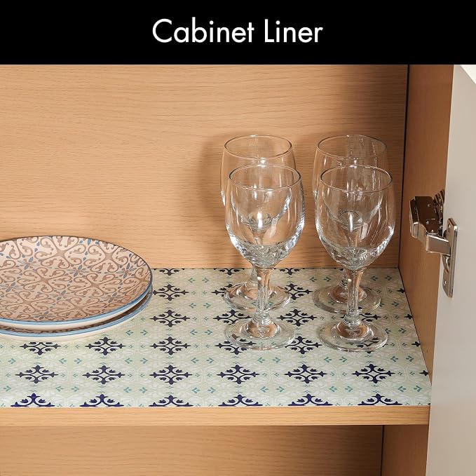 Cooyes Shelf and Drawer Liners for Kitchen Cabinets, Non-Adhesive Cabinet Liners, EVA Waterproof Durable Shelf Paper for Refrigerator, Shelves, Cupboard with European Pattern, Easy to Cut