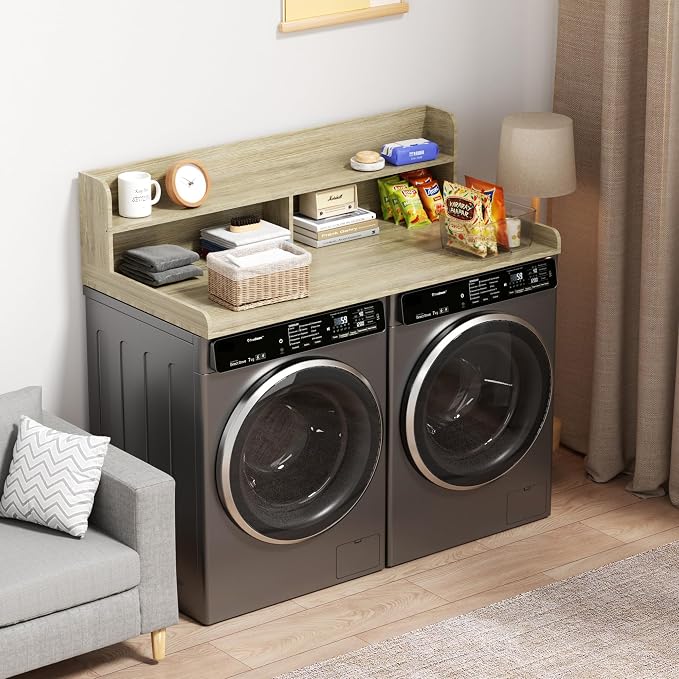 Washer Dryer Countertop with Non-Slip Pads, 2.75" H Guard, 54" W x 27.5" D Wood Laundry Countertop Cover, Large Space Washer Dryer Topper for Laundry Room Organization(Light Wood)