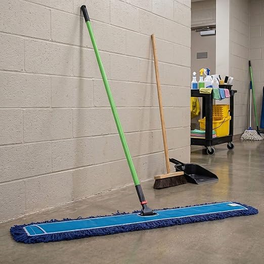 Restaurantware-Clean Tek Professional 48.03 x 5 Inch Dry Floor Mop, 1 Reusable Dust Mop - 64-Inch Handle, Secure Attachment, Blue Cotton-Poly, Machine Washable, for Cleaning Home Or Office
