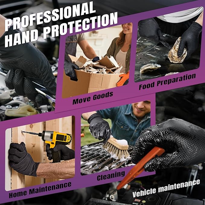FINITEX Industrial Diamond Texture Nitrile Black Glove - 100/1000PCS Chemical Resistant 6.3mil Mechanic Disposable Gloves