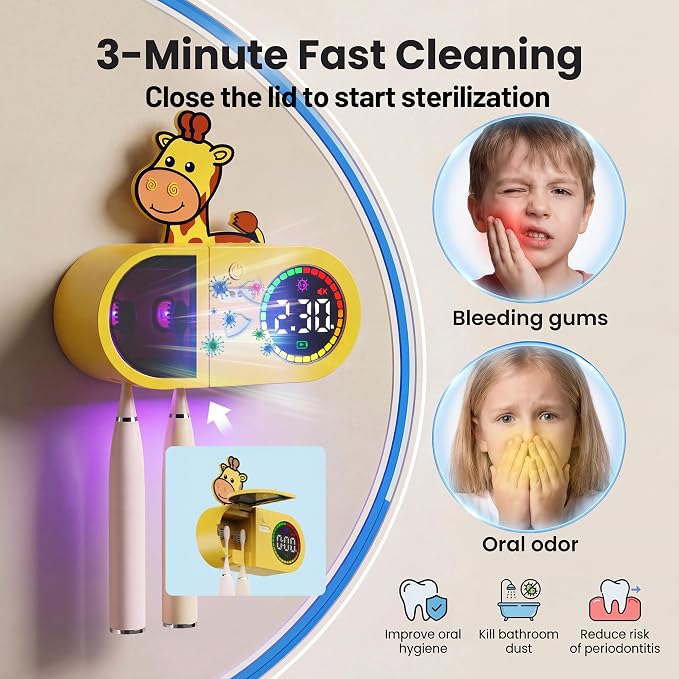 Toothbrush Holder & Toothbrush Cleaner, Kids Toothbrush Sanitizer Holder - 2 Toothbrush Capacity, Rechargeable Wall Mount Toothbrush Holder for Bathrooms