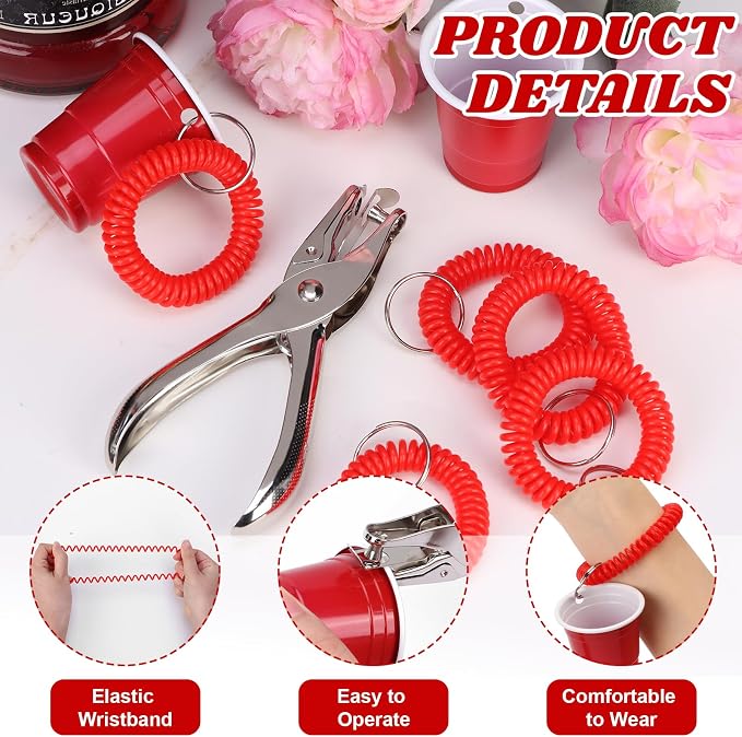50 Pcs Red Stretchable Wristband for Shot Cups Wrist Coil Keychain with Hole Puncher Plastic Wristlet Keychain Kit for Shot Tasting Glasses Sports Game Party Supplies
