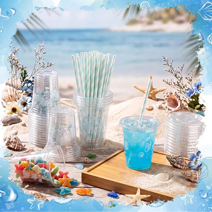 Domensi 25 Sets Seashell Themed Plastic Cups with Lids and Paper Straws 12oz Blue Ocean Disposable Drinking Cups Bulk for Cold Drinks Baby Shower Wedding Summer Theme Birthday Party Supplies