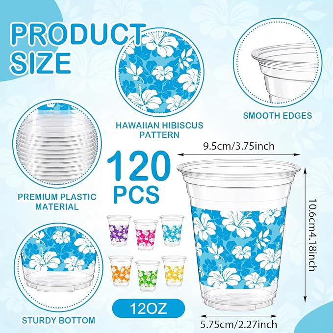 Tanlade 120 Pcs Hawaiian Luau Cups 12 oz Plastic Tropical Floral Cup Disposable Party Drinking Hawaii Hibiscus Beverage Drinkware for Summer Hawaiian Luau Tropical Pool Beach Birthday Party Supplies