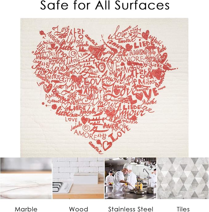 Swedish Dishcloths 2-Pack - Reusable Eco-Friendly Sponge Cloths, Super Absorbent Biodegradable Kitchen Cleaning Towels, Machine Washable, Red Hearts Row Design, 7.87"x6.88"