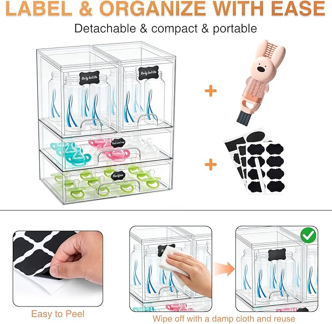 TOOGE Stackable Baby Bottle Organizer: Acrylic Bottle Organizer Baby Storage Drawers Clear Bottle Station Organization for Countertop Cabinet Vanity with 4 in 1 Cup Lid Cleaning Brush & Label - Wide