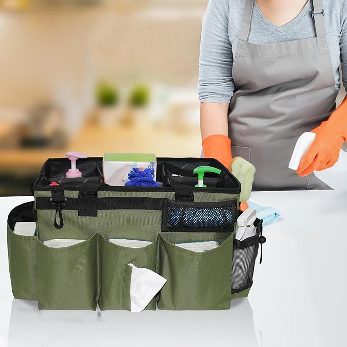 Wearable Cleaning Caddy Bag, Kitchen Supplies Organizer with Handle&Shoulder Strap, Under Sink&Car Cleaning Tool Tote with 4 Foldable Dividers for Housekeepers Cleaners (Army Green)