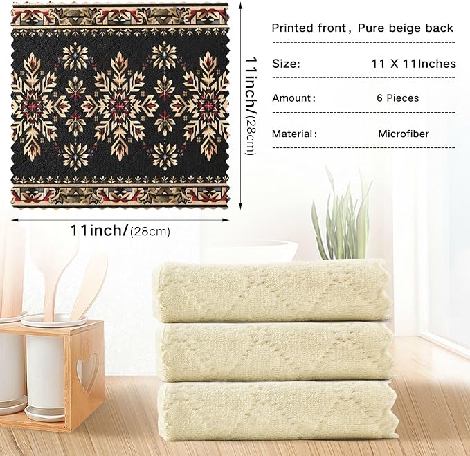 ALAZA Dish Towels Kitchen Cleaning Cloths Ukrainian Embroidery Ornament Red Black Dish Cloths Absorbent Kitchen Towels Lint Free Bar Tea Soft Towel Kitchen Accessories Set of 6,11"x11"