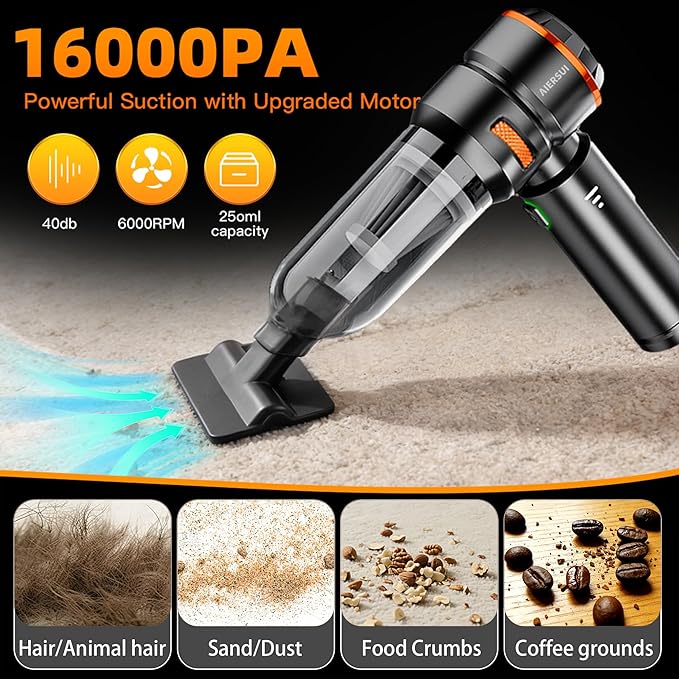 Super-Powered car mini Vacuum Cleaner 80,000RPM, Four-in-one: Blower, Vacuum Cleaner, air Extractor, and Pump. Handheld dust Collector, Handheld dust Blower, Hair Dryer, Cordless (Orange)