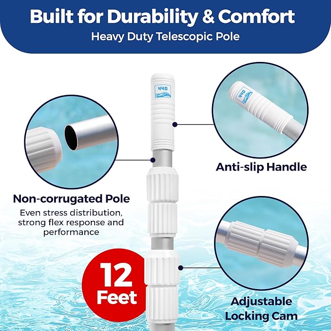 440 Telescopic Pool Pole 12ft - Heavy Duty Aluminum, Telescoping Pool Skimmer Pole for Leaf Rake, Net, Brush, Vacuum Head - Adjustable Handle Stick for Standard Attachments, Cleaning Swimming Pools