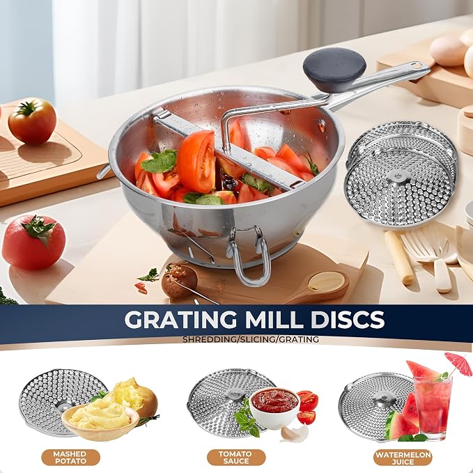 Food Mill Stainless Steel With 3 Grinding Discs and Complete Canning Supplies Starter Kit of 8-Includes Tongs, Jar Lifter, Wrench, Lid Lifter, measurer,Funnel,Labels,Multifunctional Spoon(BX-OG-GR)