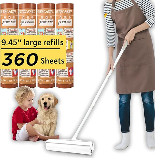 45 Inch Long Handle Lint Roller Extra Sticky for Carpet, 9.45'' Large Surface Pet Hair Remover for Couch, Sticky Roller for Floor Pick Up Larger Pieces, by Frescares, 1 Roller Stick+4 Roller Refills