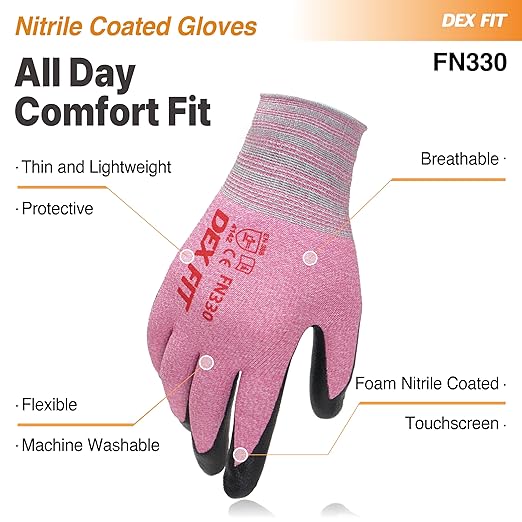 DEX FIT Nitrile Work Gloves FN330, 3D-Comfort Stretchy Fit, Firm Grip, Thin & Lightweight, Touch-Screen Compatible, Durable, Breathable & Cool, Machine Washable; Pink XL (10) 12 Pairs