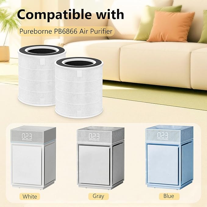 2-Pack PB6866 Replacement Filters Compatible with Pureborne Air Purifier, 3-Layer H13 True HEPA Filter System with Activated Carbon