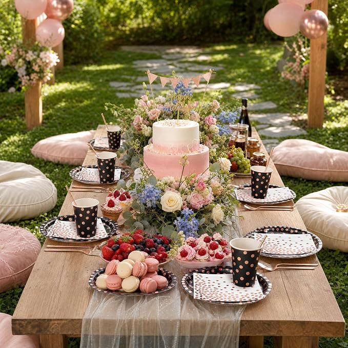 200PCS Black and Rose Gold Paper Plates Party Supplies Severs 25 Guests Disposable Paper Plates Set, 7’’&9’’ Paper Plates Cups Napkins Forks Set for Birthday, Mothers Day, Baby Shower Wedding