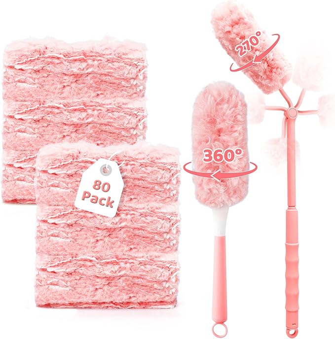 360° Dusters Refills for Cleaning - 80 Count Disposable Feather Duster Kit with 2 Handles, Multi-Surface Microfiber Feather Dusting Cleaner for Furniture Blinds Windows Ceiling Fans (Pink)