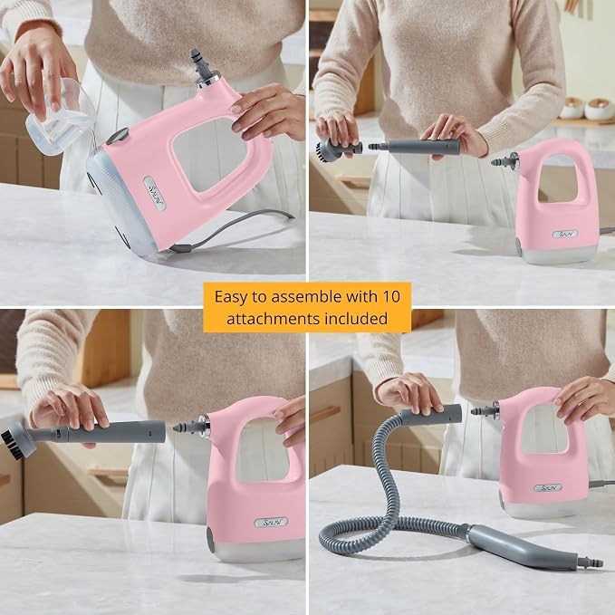 SALAV® CleanSteam Compact Steam Cleaner Pressurized Multi-Surface Handheld Steamer w/11pc Accessories, Safety Lock No-Drip Fast Heat Time Unlimited Use, for Cleaning Windows, Tiles, Grout, Car (Pink)