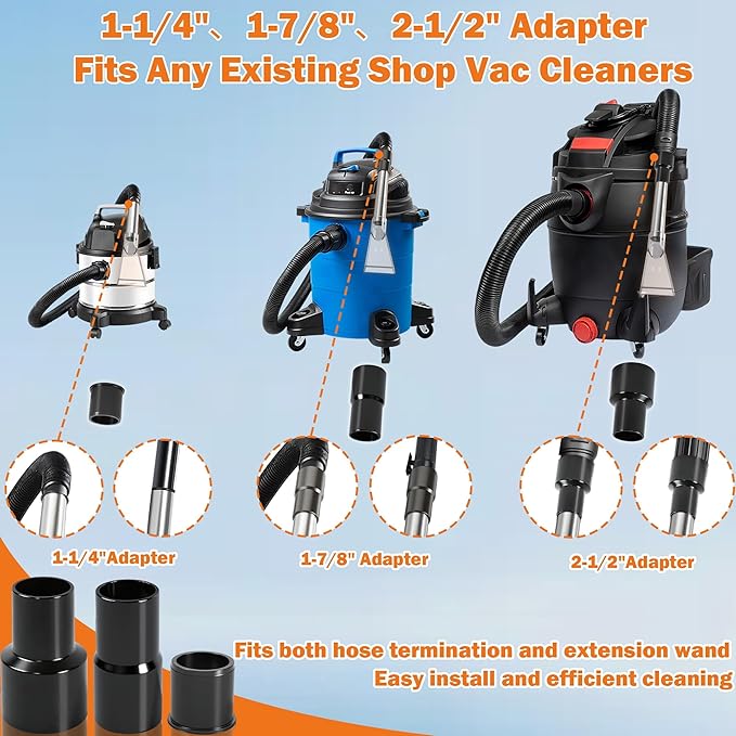 Universal Fit All Shop Vac Attachment Kit Wet/Dry Vacuums with 2-1/2", 1-7/8", 1-1/4" Adapters for Carpet Cleaning, Upholstery & Auto Detailing (Small)