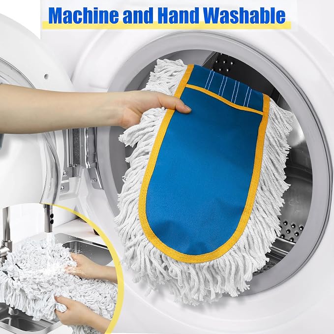 24" Commercial Dust Mop for Floor Cleaning, Heavy Duty Large Industrial Floor Duster with 2 Cotton Mops Pads, Wet Dry Mops for Hardwood Floors, Concrete, Marble, Laminate, Tile, Garage, Blue