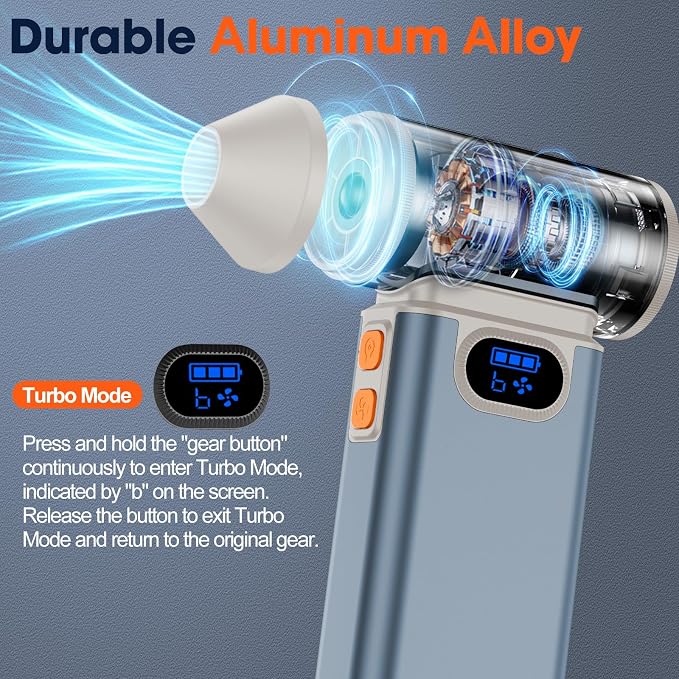 Metal Electric Compressed Air Duster, 300000RPM High Speed Rechargeable Air Blower&Pump for Leaf Blower with Digital Display, 4-Speed Modes-Brushless Motor Mini PC Dust Cleaner with Light