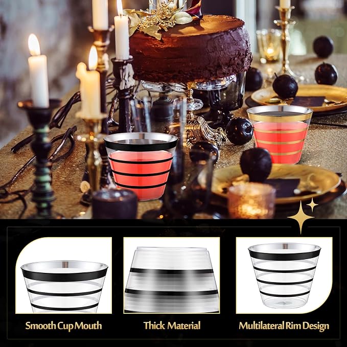 Gejoy 9 oz 100pcs Graduation Rimmed Stripe Plastic Cups Bulk Disposable Wine Hard Plastic Drinking Cocktail Cups Tumblers for Wedding Gathering Party Supplies(Gold, Black)