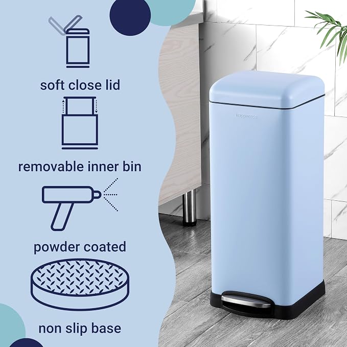 happimess HPM1007I Betty Retro 8-Gallon Step-Open Trash Can, Fingerprint Resistant, Modern, Minimalistic for Home, Kitchen, Laundry Room, Office, Bedroom, Bathroom, Tide Pool Blue