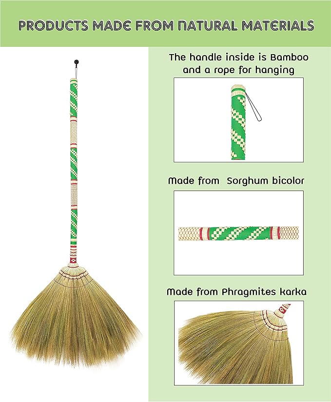 Natural Grass Broom Thai 100% ,Long Handle,Brooms for Floor Cleaning,Design for Home, Kitchen, Office, Courtyard, Tiled Floor ( Length 40 inch )