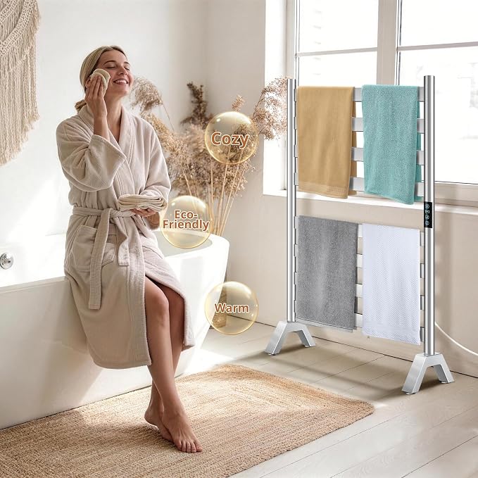 Heated Towel Racks for Bathroom Freestanding & Wall Mounted, WiFi-enable Electric Towel Warmer Rack, Extra-Wide Heating Area Fast Heating with Timer & Temperature Control, 8 Bars, Nickel Silver