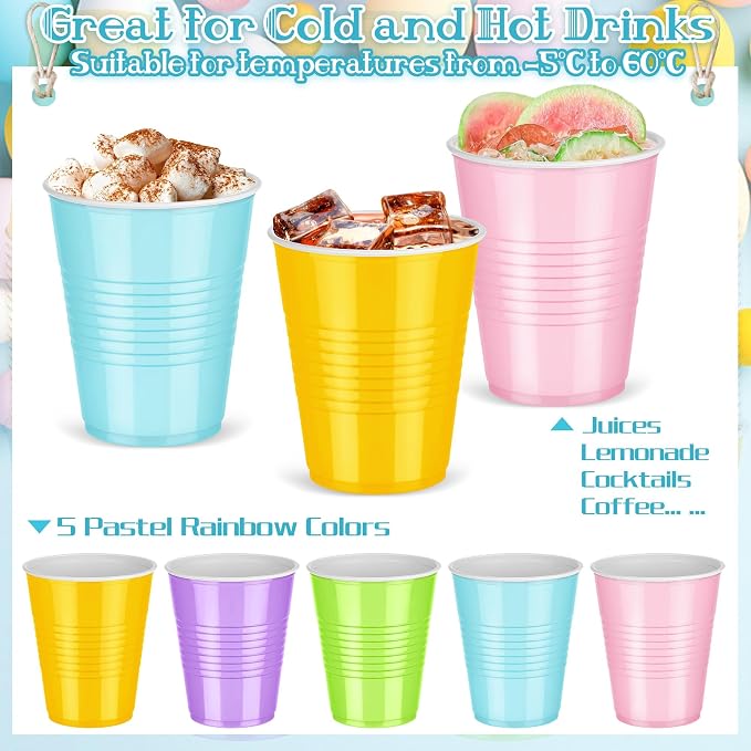 Kochorie 50 Pack Disposable Plastic Cups 12 Ounce Drinking Party Cups Bulk Party Cups for Spring Easter Parties Wedding Birthday Graduation Picnics Events, Pastel Rainbow