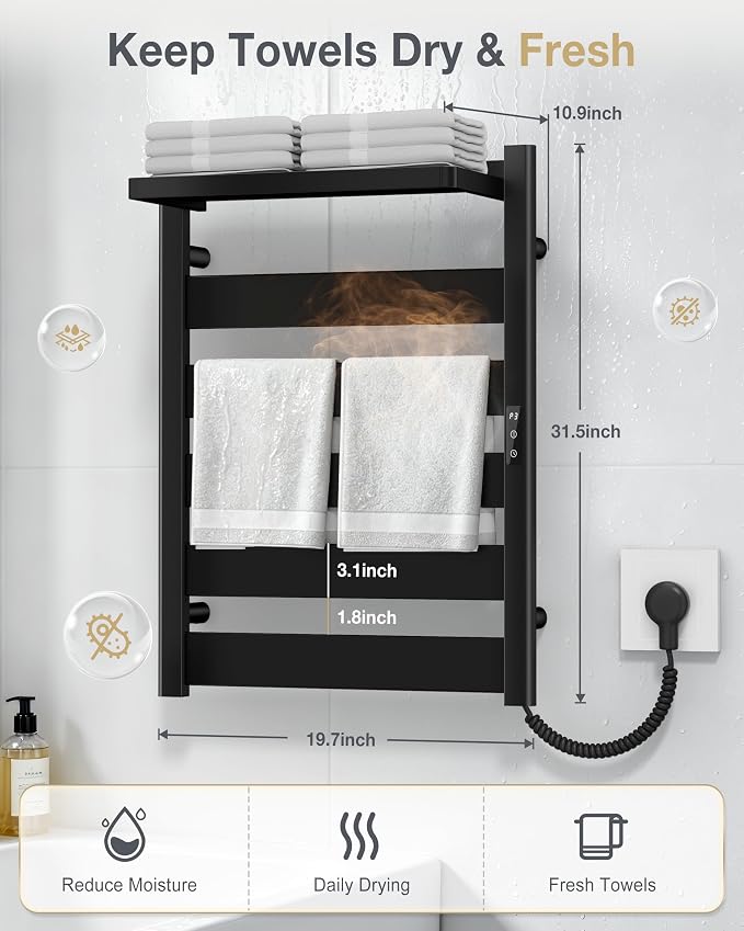 Heated Towel Rack for Bathroom, Wall Mounted Towel Warmer with Top Shelf, Fast PTC Heating in 6 Minutes, 4 Temperature Levels 110–170°F, 2–12H Timer, Space Aluminum Electric Towel Warmer Rack, 350W