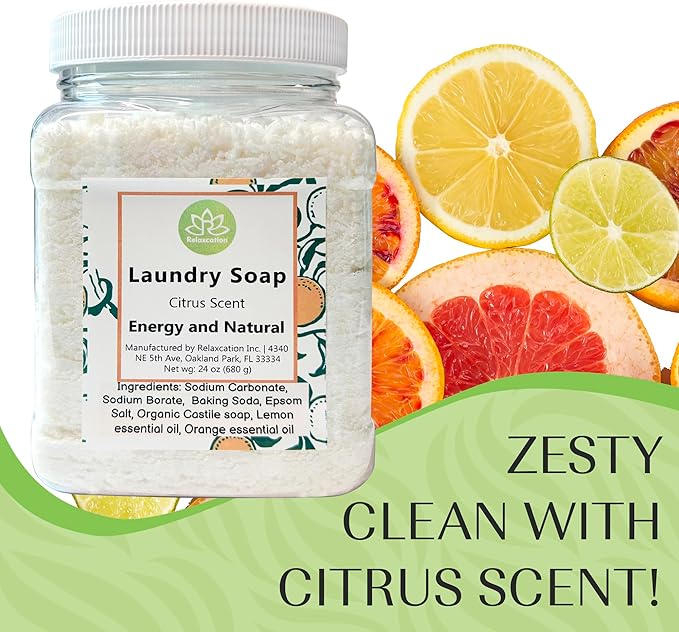 Natural Laundry Detergent Soap | Hypoallergenic Deep Cleaning Washing Powder | Eco-Friendly, Safe, and Effective BORAX, SODA ASH, EPSOM SALT, BAKING SODA and CASTILE SOAP (65 Loads) (Citrus)