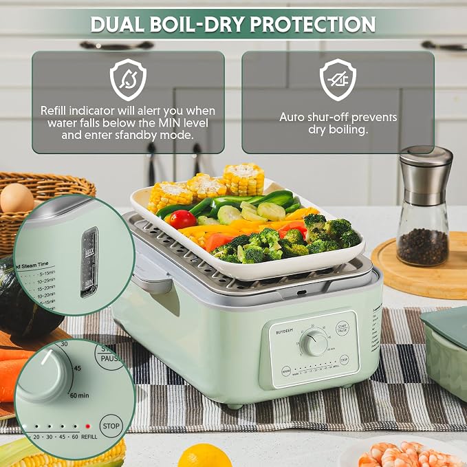 BUYDEEM G52 10.6 Quart 2-Tier Electric Food Steamer for 1-4 Servings, Vegetable Steamer for Cooking, 2-hour Keep Warm, 7 Preset Timings, Dual Boil-Dry Protection, Stainless Steel, Cozy Greenish